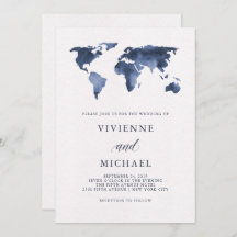Blauwe Waterverf Wereldkaart op Wit | Bruiloft