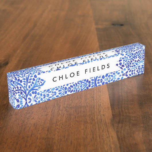 Blauwe waterverf wijnstokken, klassiek geverfde bl naambordje (Zijkant)