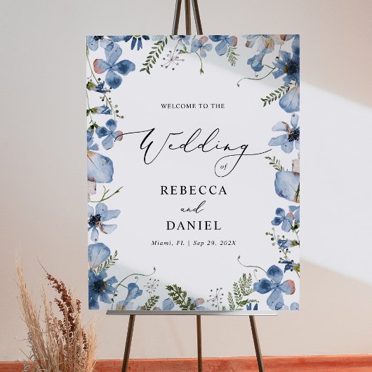 Blauwe Waterverf Wildbloemen Boho Bruiloft Poster