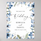 Blauwe Waterverf Wildbloemen Boho Bruiloft Poster (Voorkant)
