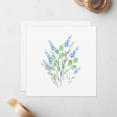 Blauwe Waterverf Wildbloemen Bouquet Notitiekaartje (Voorkant / Achterkant in situ)