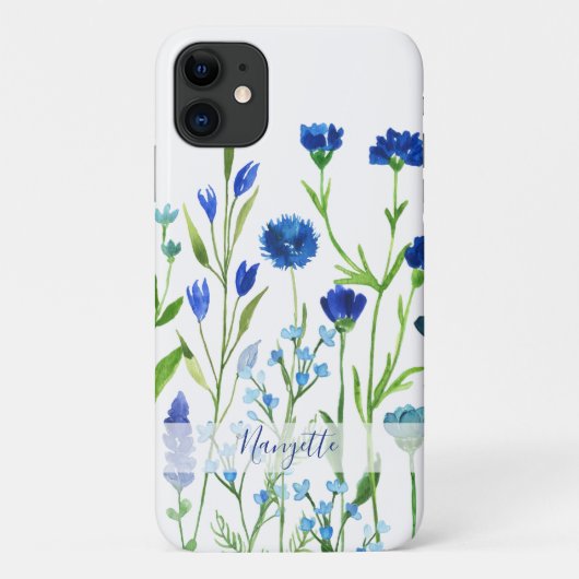 Blauwe Waterverf Wildbloemen met naam Case-Mate iPhone Case (Achterkant)
