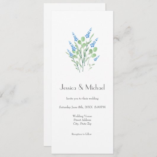 Blauwe Waterverf Wildbloemen Uitnodiging (Voorkant / Achterkant)