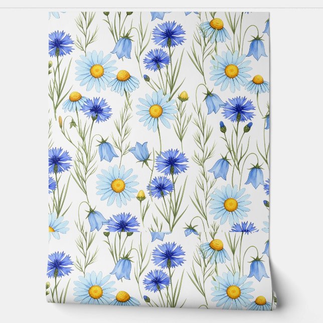 Blauwe Waterverf Wilde Bloem Behang (Afrollen)