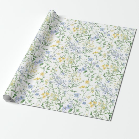Blauwe Waterverf Wilde Bloem Cadeaupapier (Uitgerold)
