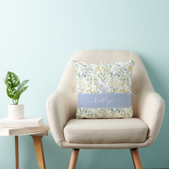 Blauwe Waterverf Wilde Bloem Monogram Kussen (Stoel)