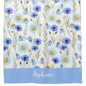 Blauwe Waterverf Wilde Bloem Monogram Naam Douchegordijn (Voorkant)