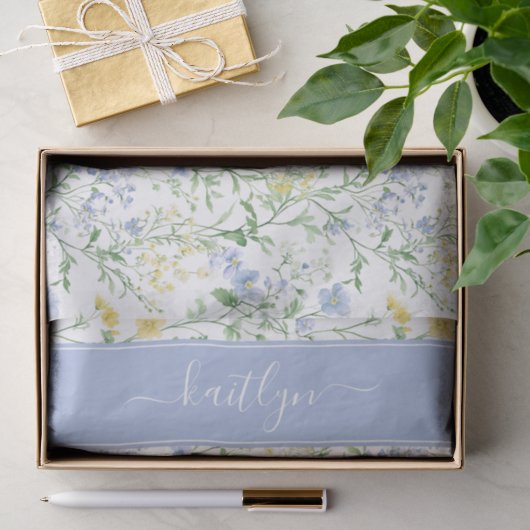 Blauwe Waterverf Wilde Bloem Monogram Tissuepapier (Geschenk)