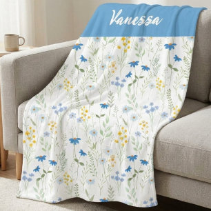 Blauwe Waterverf Wilde Bloem Naam Initiaal Fleece Deken