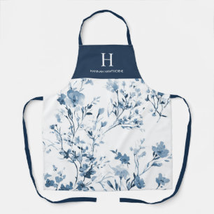 Blauwe Waterverf Wilde Bloem Naam Monogram Schort