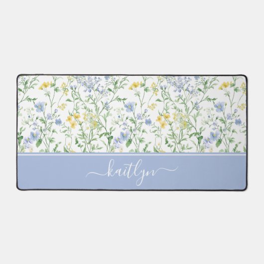 Blauwe Waterverf Wilde Bloemen Bureaumat (Voorkant)