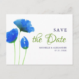 Blauwe waterverf Wilde bloemen. Save the date Briefkaart
