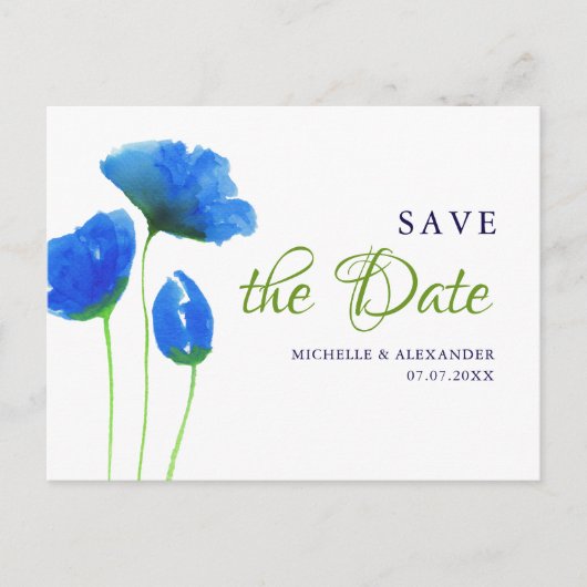 Blauwe waterverf Wilde bloemen. Save the date Briefkaart (Voorkant)