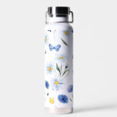 Blauwe Waterverf Wilde Bloemenwei Vlinder Waterfles (Achterkant)