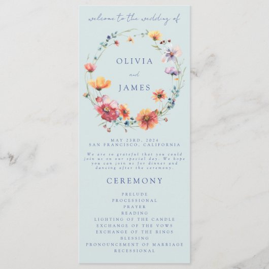 Blauwe Waterverf Wildflower krans bruiloft Programmakaart (Voorkant)