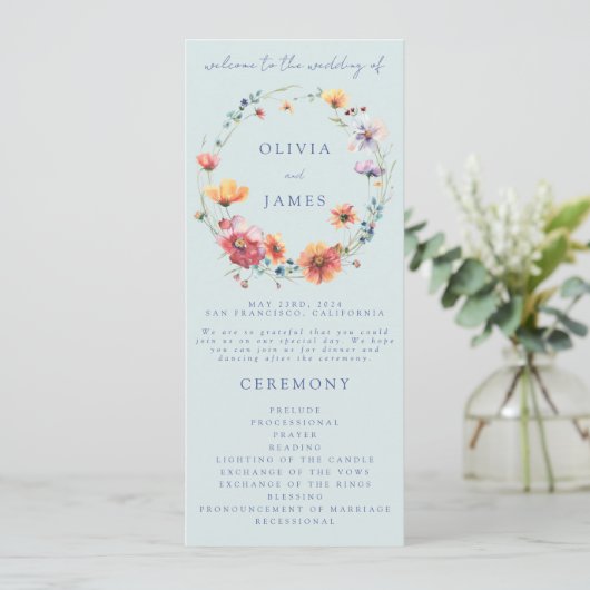 Blauwe Waterverf Wildflower krans bruiloft Programmakaart (Staand voorkant)