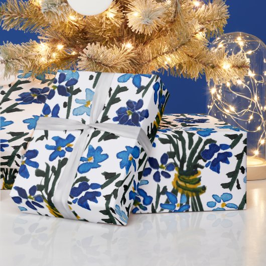 Blauwe Waterverf Wildflowers Patroon op wit Cadeaupapier (Feestdagen)