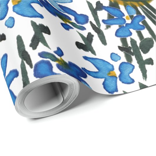 Blauwe Waterverf Wildflowers Patroon op wit Cadeaupapier (Rol Hoek)