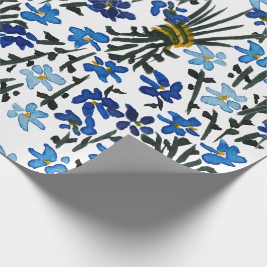 Blauwe Waterverf Wildflowers Patroon op wit Cadeaupapier (Hoek)