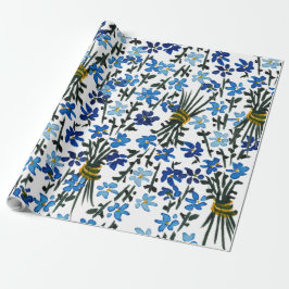 Blauwe Waterverf Wildflowers Patroon op wit Cadeaupapier