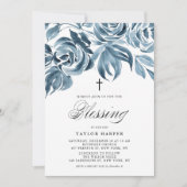 Blauwe Waterverf Winter Rozen Bouquet Baptism Invi Kaart (Voorkant)