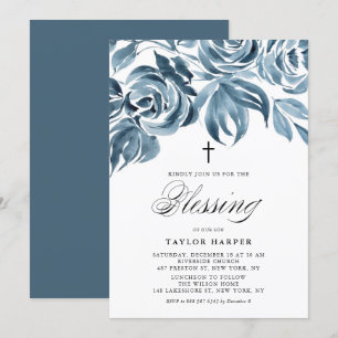 Blauwe Waterverf Winter Rozen Bouquet Baptism Invi Kaart