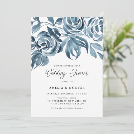 Blauwe Waterverf Winter Rozen Weddenschap Kaart (Staand voorkant)