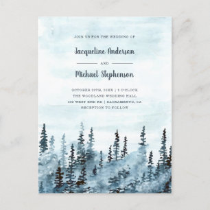 Blauwe Waterverf Winter Woodland Forest Wedding Uitnodiging Briefkaart