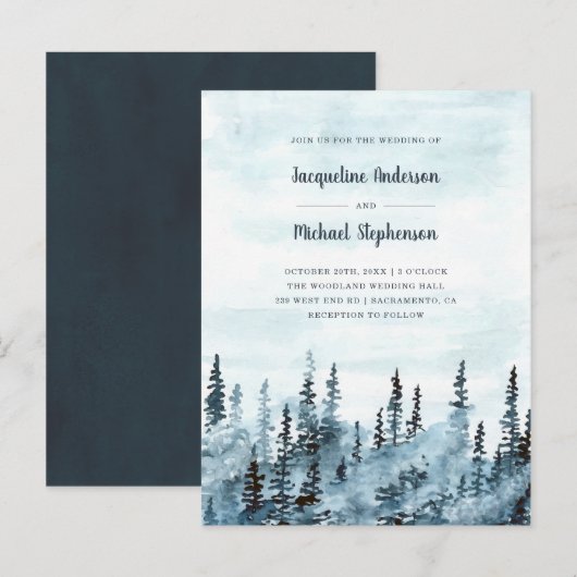 Blauwe Waterverf Winter Woodland Forest Wedding Uitnodiging Briefkaart (Voorkant / Achterkant)