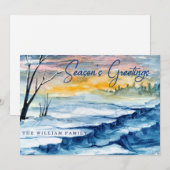 Blauwe Waterverf Winterschilderijen Feestdagenkaart (Voorkant / Achterkant)