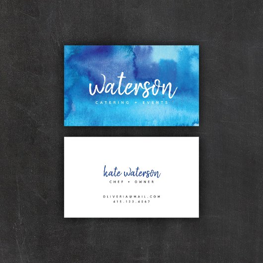 Blauwe Waterverf + wit script | VISITEKAARTJES