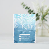 Blauwe Waterverf witte palmbomen RSVP Kaartje (Staand voorkant)