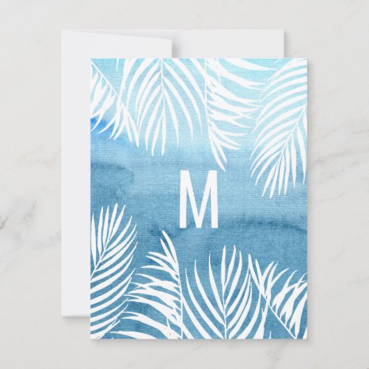 Blauwe Waterverf witte palmbomen RSVP Kaartje (Achterkant)