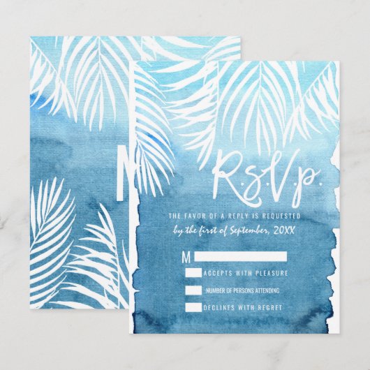 Blauwe Waterverf witte palmbomen RSVP Kaartje (Voorkant / Achterkant)