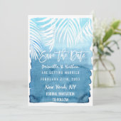 Blauwe Waterverf witte palmbomen Save The Date (Staand voorkant)