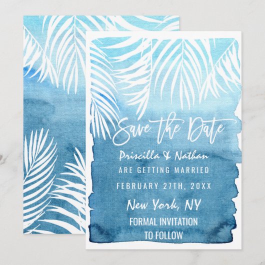 Blauwe Waterverf witte palmbomen Save The Date (Voorkant / Achterkant)