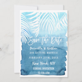 Blauwe Waterverf witte palmbomen Save The Date