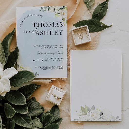 Blauwe Waterverf Witte Roos Elegante bruiloft Kaart