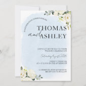 Blauwe Waterverf Witte Roos Elegante bruiloft Kaart (Voorkant)