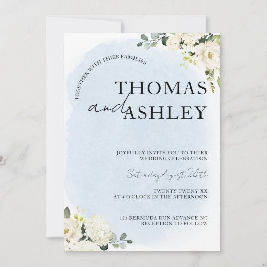 Blauwe Waterverf Witte Roos Elegante bruiloft Kaart (Voorkant)