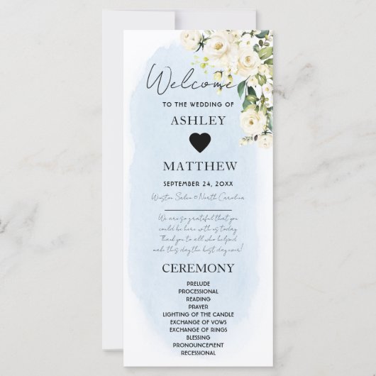 Blauwe Waterverf Witte Roos Trouwprogramma (Voorkant)