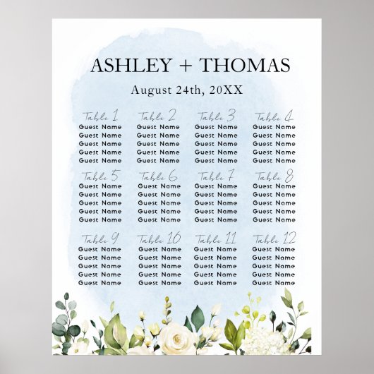 Blauwe Waterverf Witte Roos Trouwstoel Grafiek Poster (Voorkant)