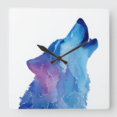 Blauwe waterverf wolf huilend vierkante klok (Voorkant)