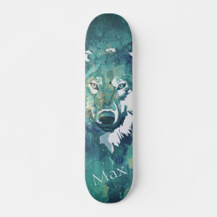 Blauwe waterverf wolf persoonlijk skateboard