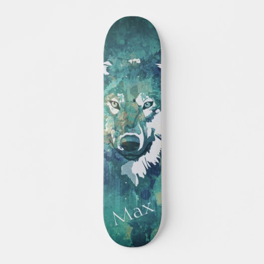 Blauwe waterverf wolf persoonlijk skateboard (Voorkant)