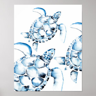 Blauwe Waterverf Zee Turtle Beach Poster