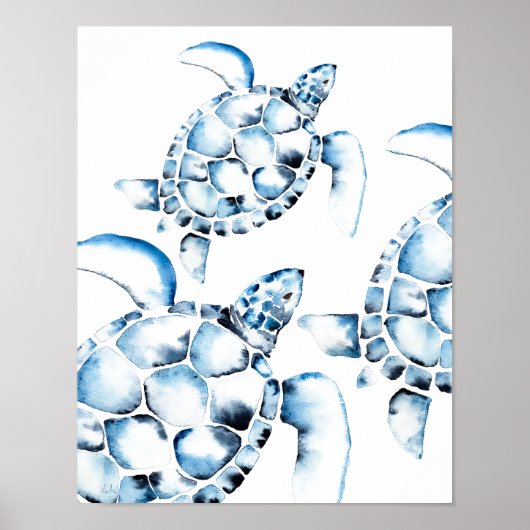 Blauwe Waterverf Zee Turtle Beach Poster (Voorkant)