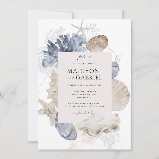 Blauwe Waterverf Zeeschelpen Koraal Zeesterren Bru Kaart (Voorkant)