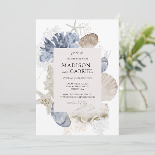 Blauwe Waterverf Zeeschelpen Koraal Zeesterren Bru Kaart (Staand voorkant)