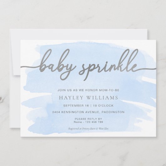 Blauwe Waterverf Zilveren Baby Sprinkle Kaart (Voorkant)